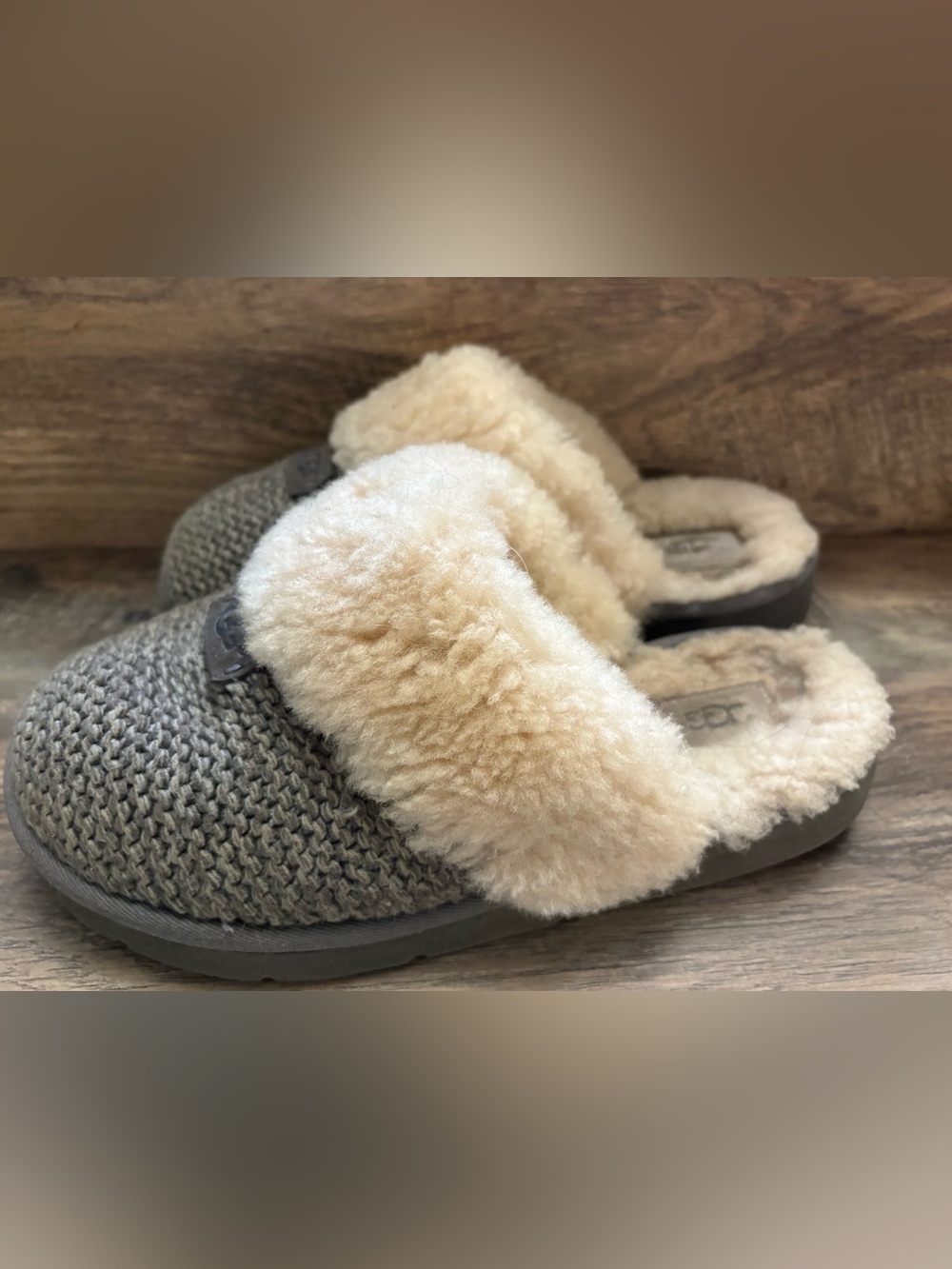UGG Gray Knit Slippers with Cream Shearling Cuff - Picture 6 of 6